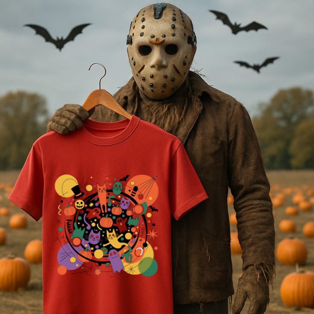 Colorful Halloween Cats and Ghosts Party T-Shirt -Fun Abstract Spooky Tee for Cat Lovers & Halloween Fans, Halloween Shirt, Fun Halloween