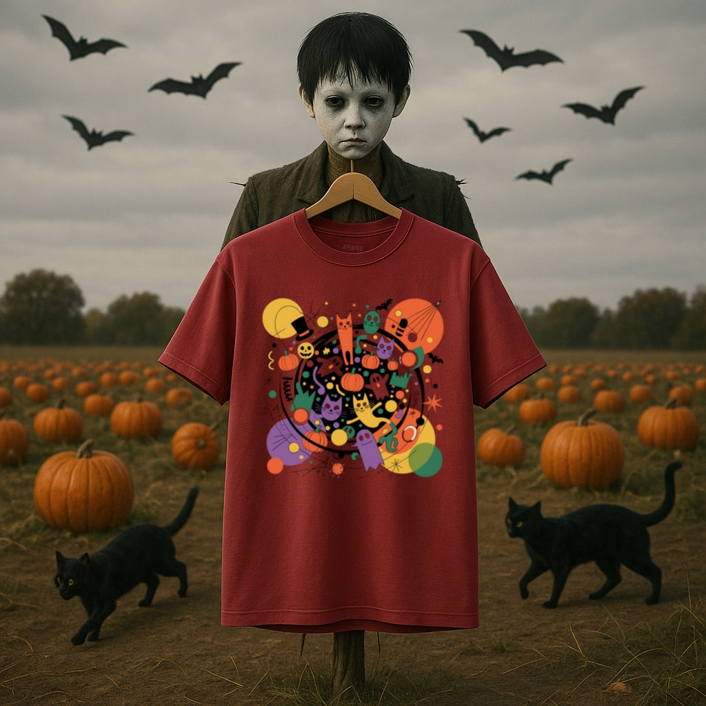 Colorful Halloween Cats and Ghosts Party T-Shirt -Fun Abstract Spooky Tee for Cat Lovers & Halloween Fans, Halloween Shirt, Fun Halloween