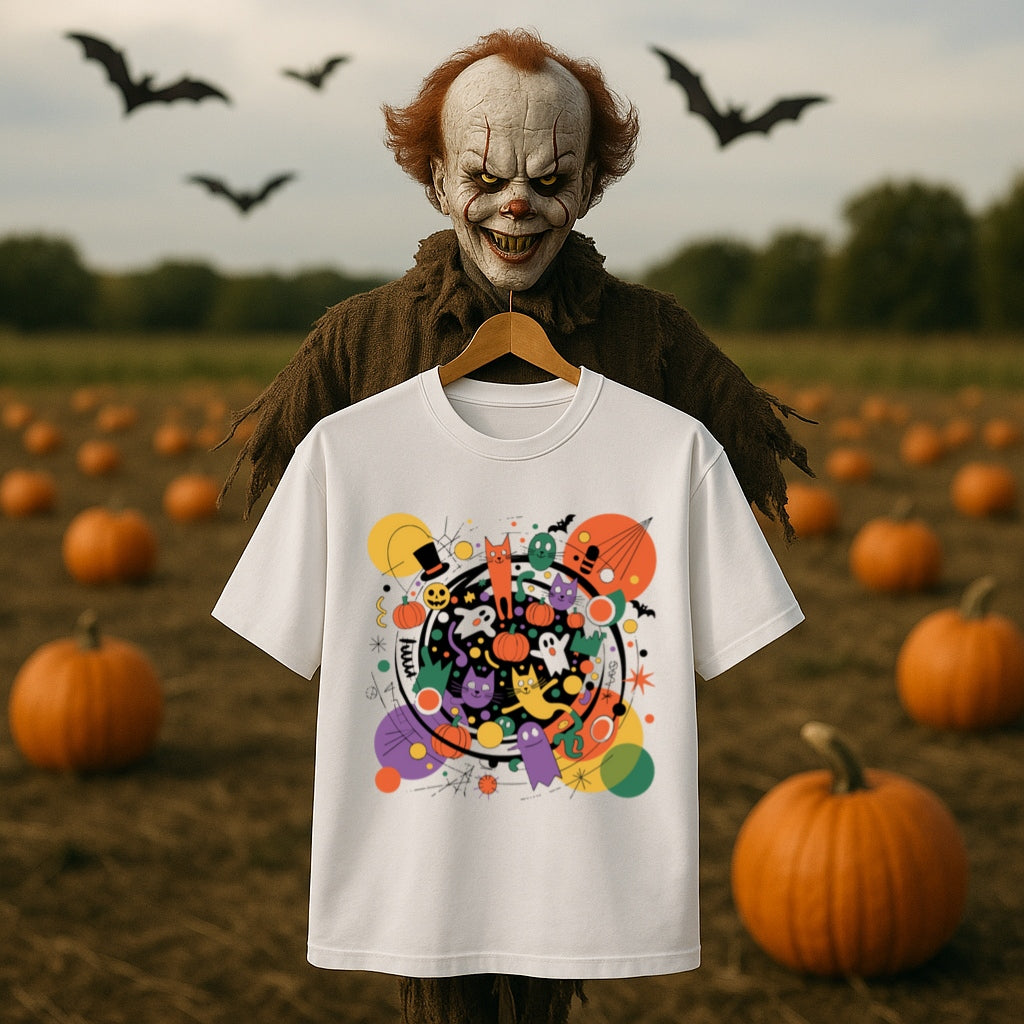 Colorful Halloween Cats and Ghosts Party T-Shirt -Fun Abstract Spooky Tee for Cat Lovers & Halloween Fans, Halloween Shirt, Fun Halloween