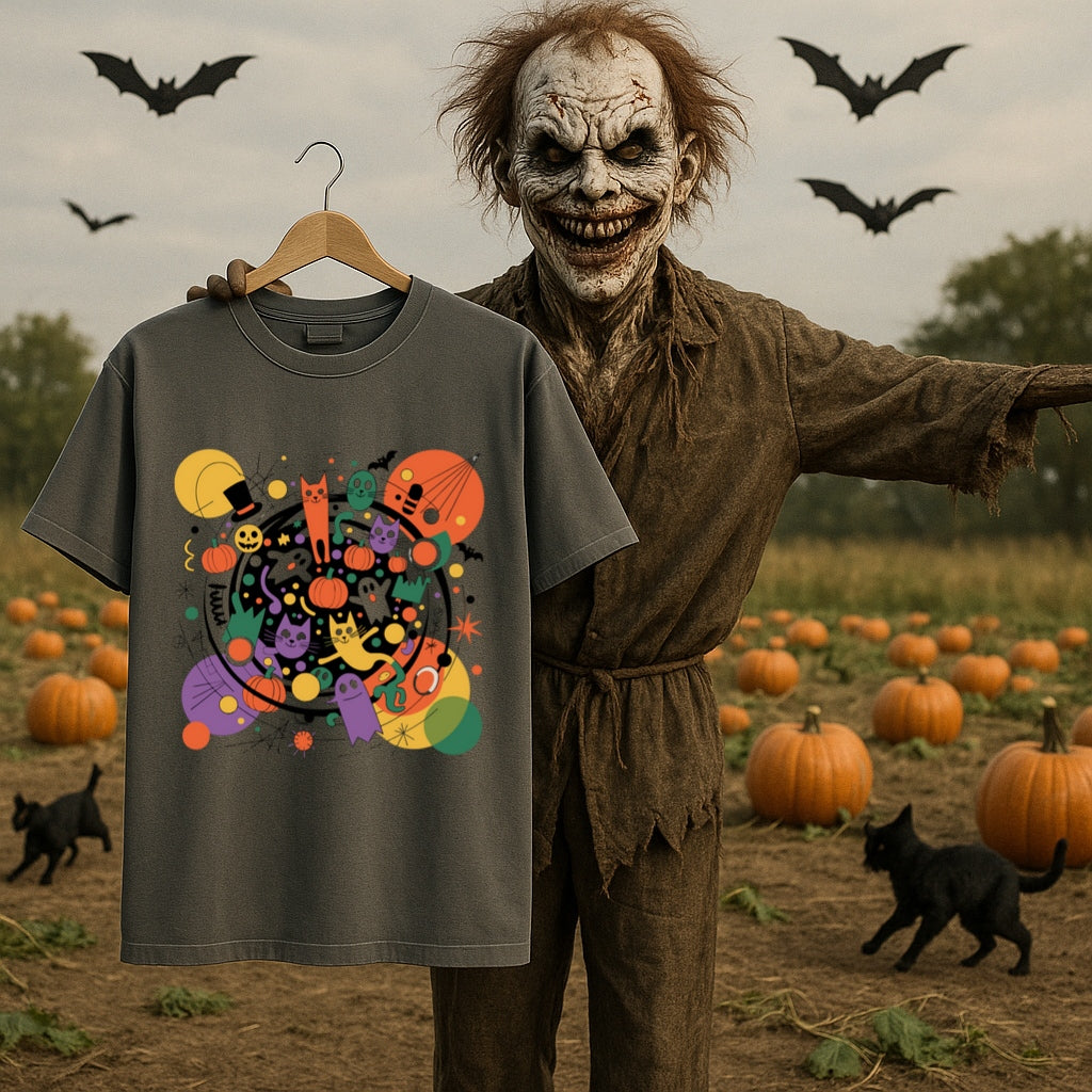 Colorful Halloween Cats and Ghosts Party T-Shirt -Fun Abstract Spooky Tee for Cat Lovers & Halloween Fans, Halloween Shirt, Fun Halloween