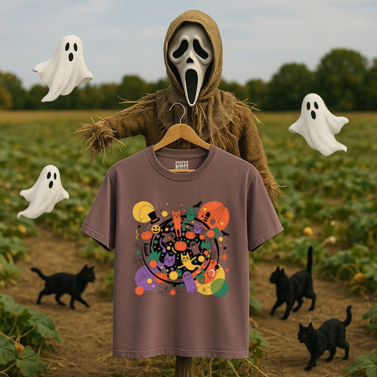 Colorful Halloween Cats and Ghosts Party T-Shirt -Fun Abstract Spooky Tee for Cat Lovers & Halloween Fans, Halloween Shirt, Fun Halloween