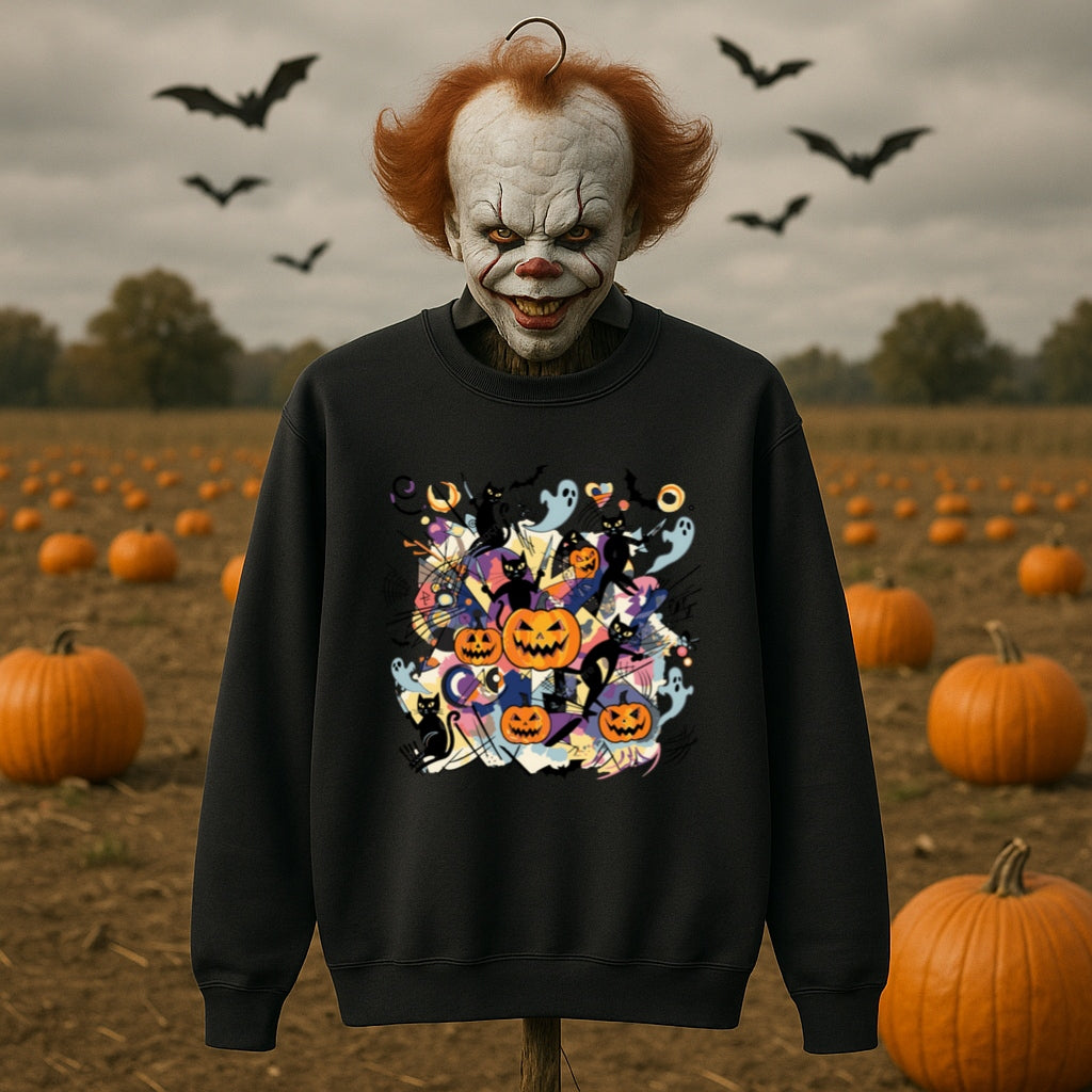 Abstract Halloween Sweatshirt-Kandinsky Inspired Art Style with Pumpkins, Ghosts and Black Cats - Gildan 18000 Crewneck