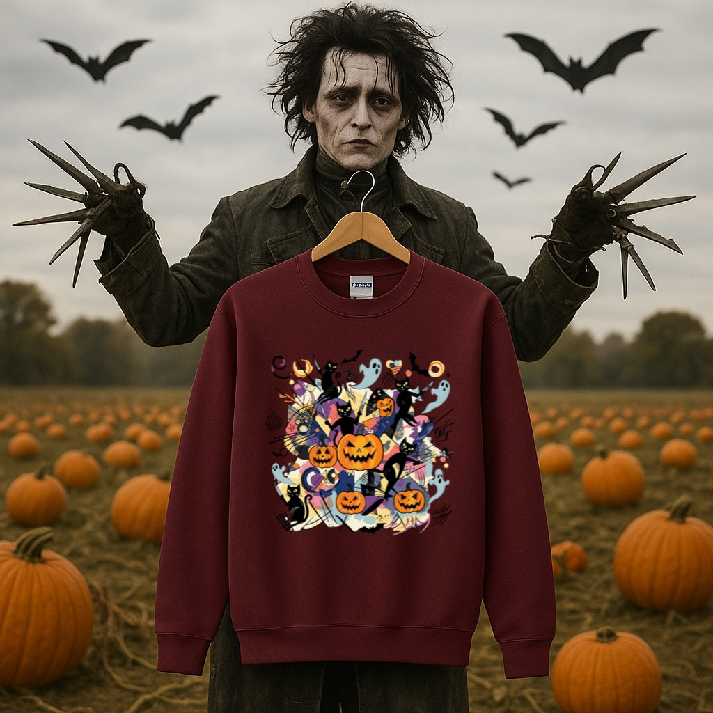 Abstract Halloween Sweatshirt-Kandinsky Inspired Art Style with Pumpkins, Ghosts and Black Cats - Gildan 18000 Crewneck