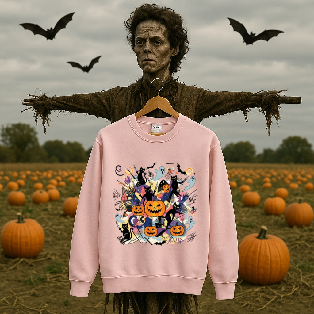 Abstract Halloween Sweatshirt-Kandinsky Inspired Art Style with Pumpkins, Ghosts and Black Cats - Gildan 18000 Crewneck