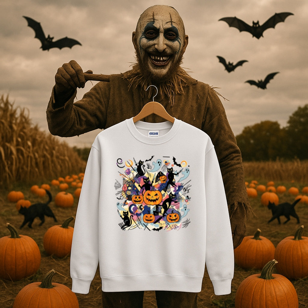 Abstract Halloween Sweatshirt-Kandinsky Inspired Art Style with Pumpkins, Ghosts and Black Cats - Gildan 18000 Crewneck