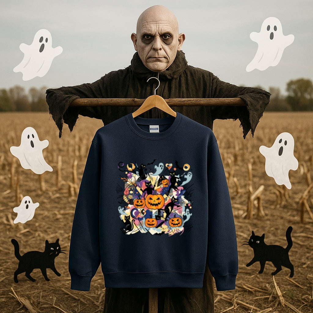 Abstract Halloween Sweatshirt-Kandinsky Inspired Art Style with Pumpkins, Ghosts and Black Cats - Gildan 18000 Crewneck