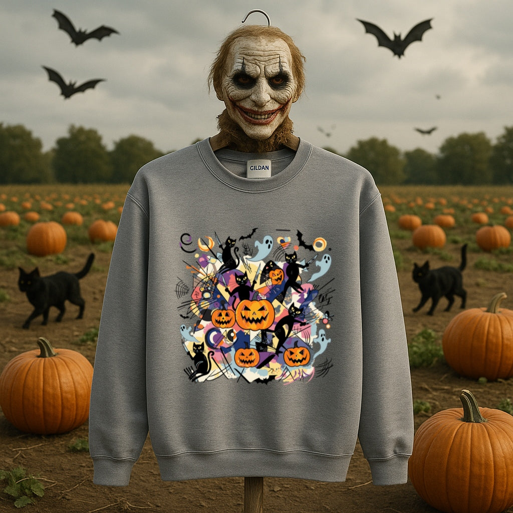 Abstract Halloween Sweatshirt-Kandinsky Inspired Art Style with Pumpkins, Ghosts and Black Cats - Gildan 18000 Crewneck