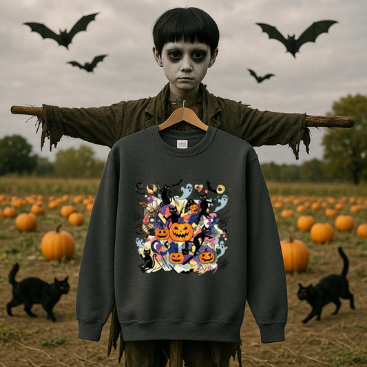 Abstract Halloween Sweatshirt-Kandinsky Inspired Art Style with Pumpkins, Ghosts and Black Cats - Gildan 18000 Crewneck