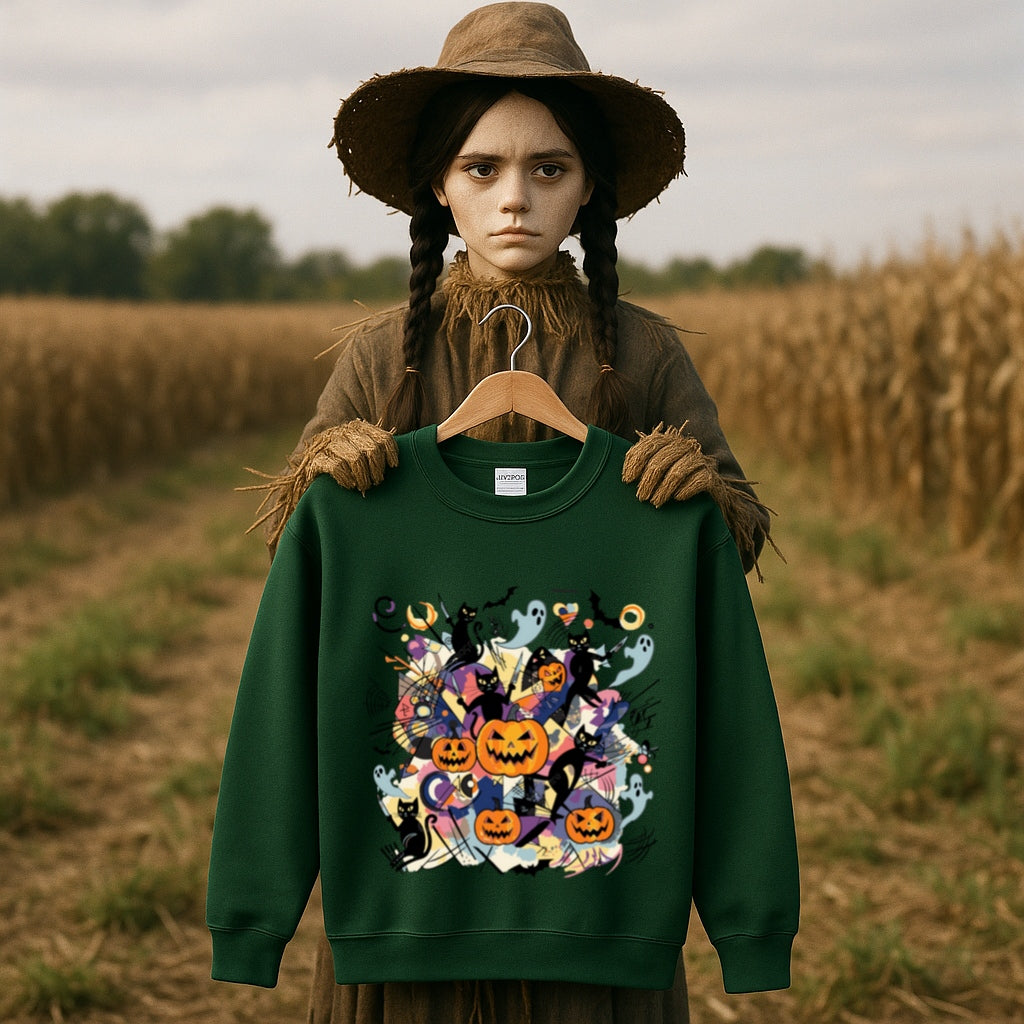 Abstract Halloween Sweatshirt-Kandinsky Inspired Art Style with Pumpkins, Ghosts and Black Cats - Gildan 18000 Crewneck