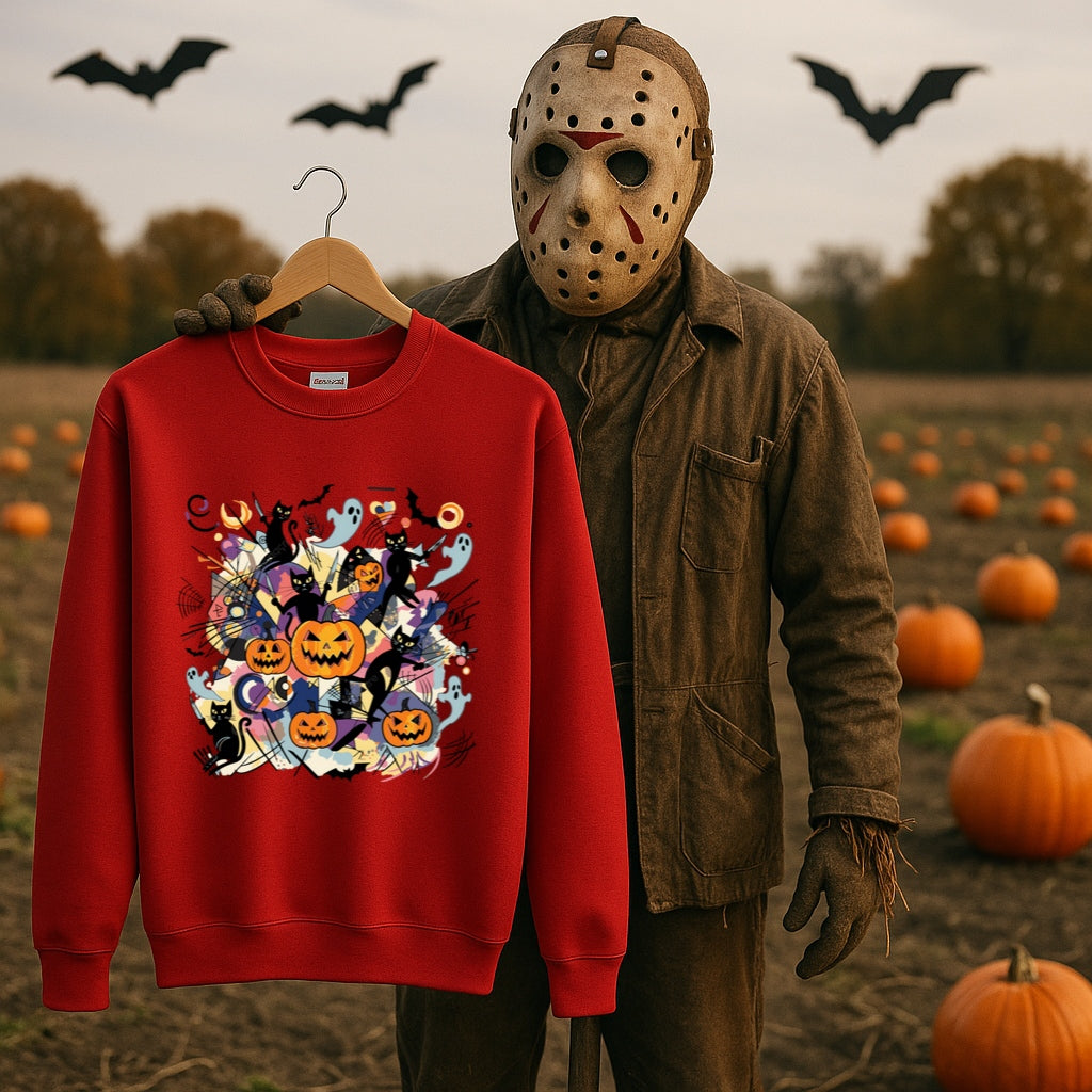 Abstract Halloween Sweatshirt-Kandinsky Inspired Art Style with Pumpkins, Ghosts and Black Cats - Gildan 18000 Crewneck