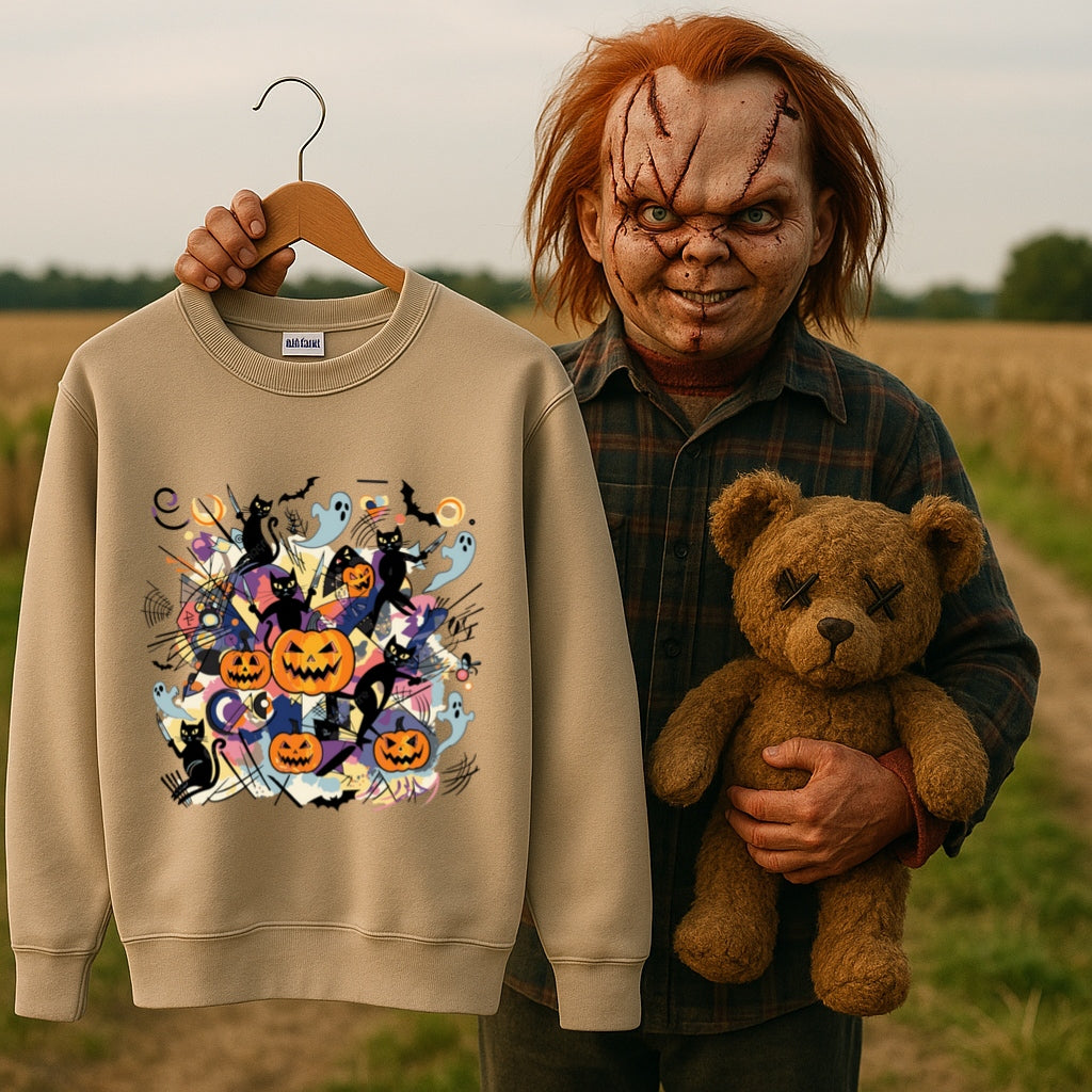 Abstract Halloween Sweatshirt-Kandinsky Inspired Art Style with Pumpkins, Ghosts and Black Cats - Gildan 18000 Crewneck