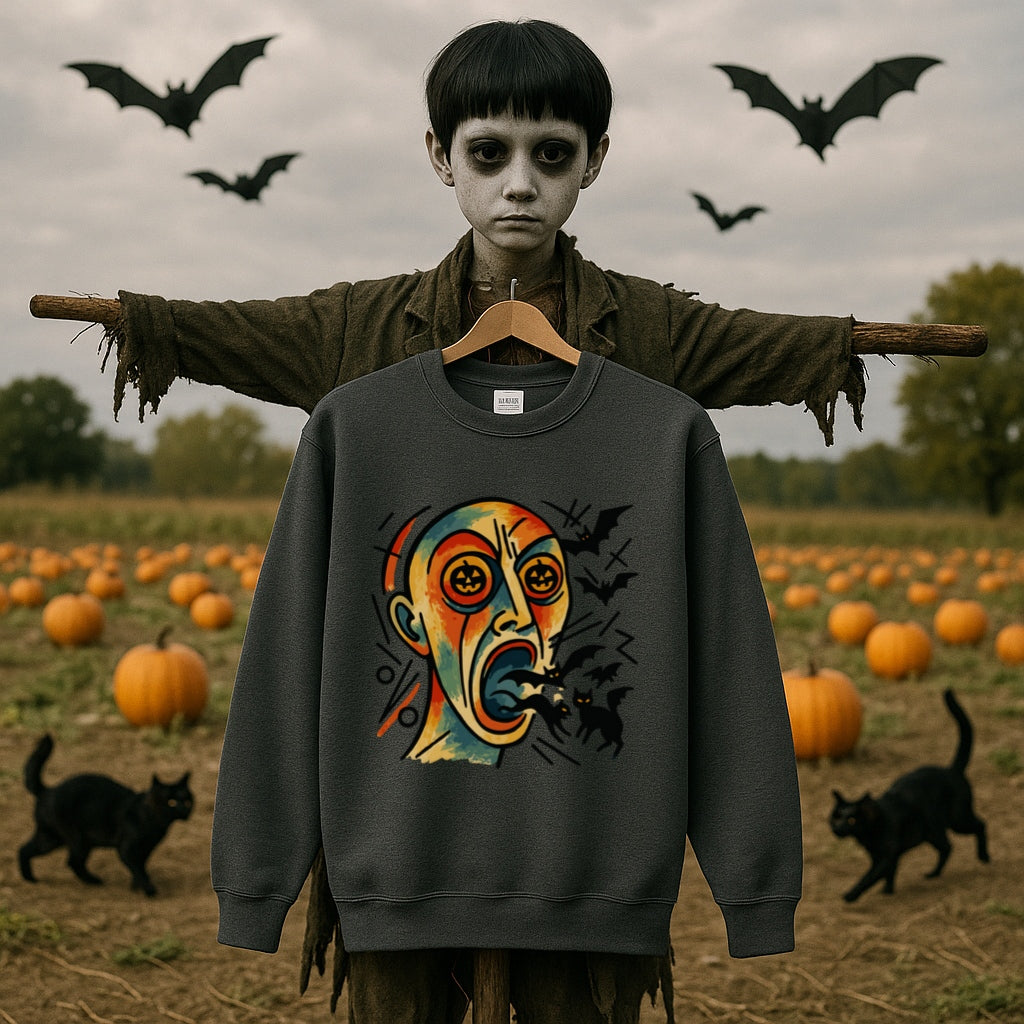 Kandinsky Inspired Halloween Fear Sweatshirt, Abstract Horror Face Crewneck, Pumpkin Bats Sweater, Scary Art Pullover, Spooky Season Shirt