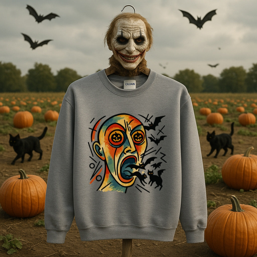 Kandinsky Inspired Halloween Fear Sweatshirt, Abstract Horror Face Crewneck, Pumpkin Bats Sweater, Scary Art Pullover, Spooky Season Shirt