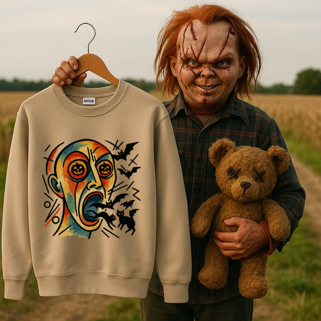 Kandinsky Inspired Halloween Fear Sweatshirt, Abstract Horror Face Crewneck, Pumpkin Bats Sweater, Scary Art Pullover, Spooky Season Shirt
