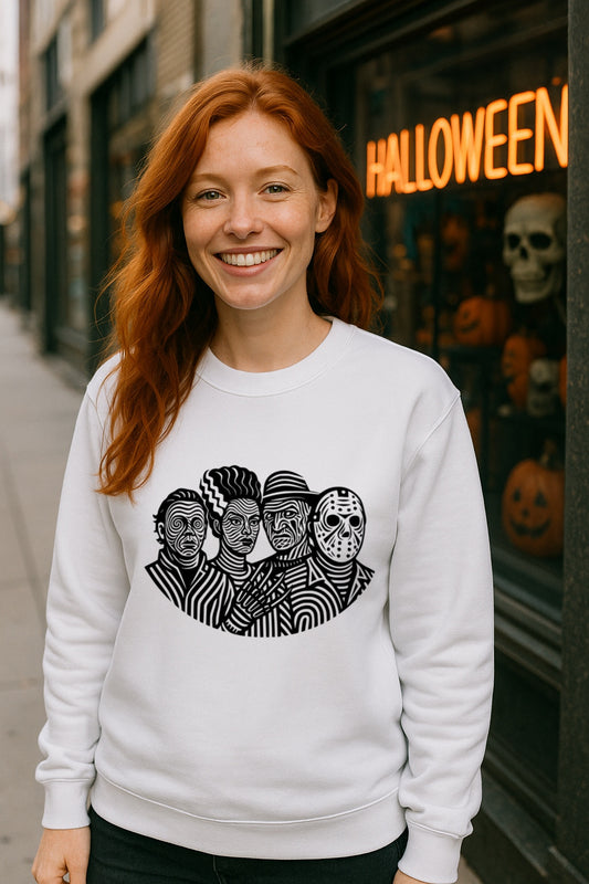 Minimalist Horror Icons Sweatshirt - Freddy, Jason, Pennywise & Michael Myers - Gildan Crewneck, Halloween Horror Movie Shirt, Spooky Season