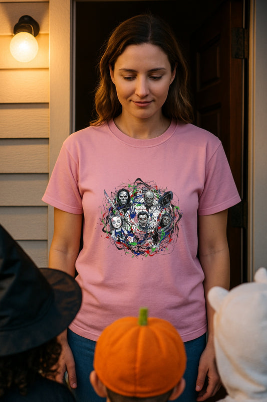 Horror Icons Abstract Splatter T-shirt - Jackson Pollock Style Halloween Tee, Movie Fans Shirt, Vintage Horror Apparel, Halloween Party