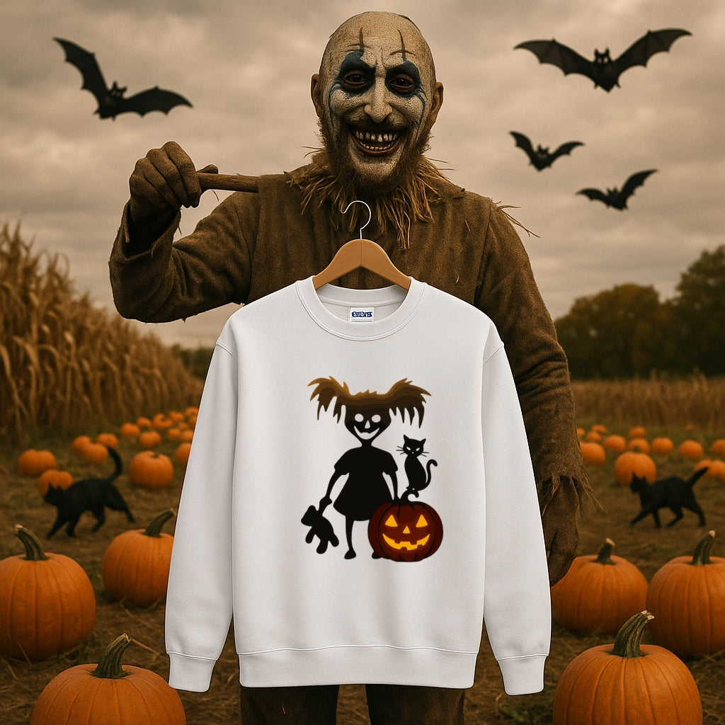 Creepy Cute Girl Halloween Sweatshirt -Spooky Pumpkin Graphic - Cozy Unisex Crewneck, Black Cat Sweater, Goth Girl Halloween Shirt
