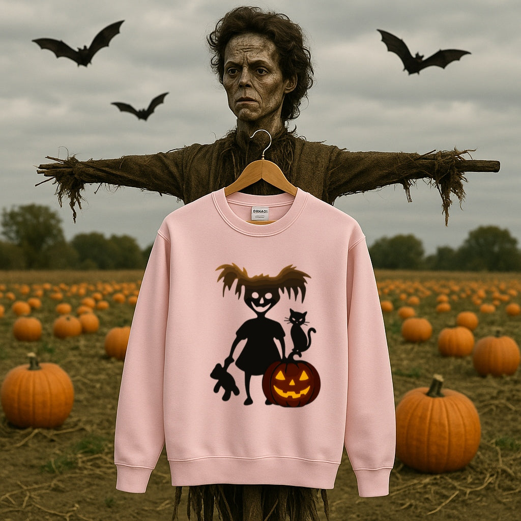 Creepy Cute Girl Halloween Sweatshirt -Spooky Pumpkin Graphic - Cozy Unisex Crewneck, Black Cat Sweater, Goth Girl Halloween Shirt