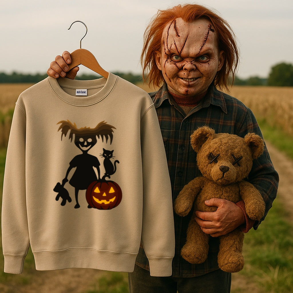 Creepy Cute Girl Halloween Sweatshirt -Spooky Pumpkin Graphic - Cozy Unisex Crewneck, Black Cat Sweater, Goth Girl Halloween Shirt