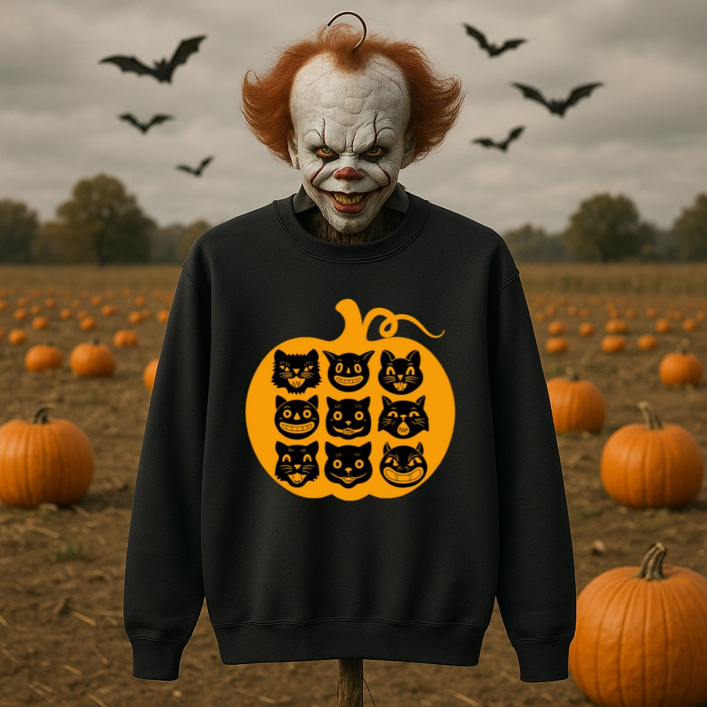 Nine Lives Pumpkin Halloween Sweatshirt - Retro Black Cats - Gildan Crewneck, Vintage Halloween Art - Cozy Fall Sweater, Black Cat Lover
