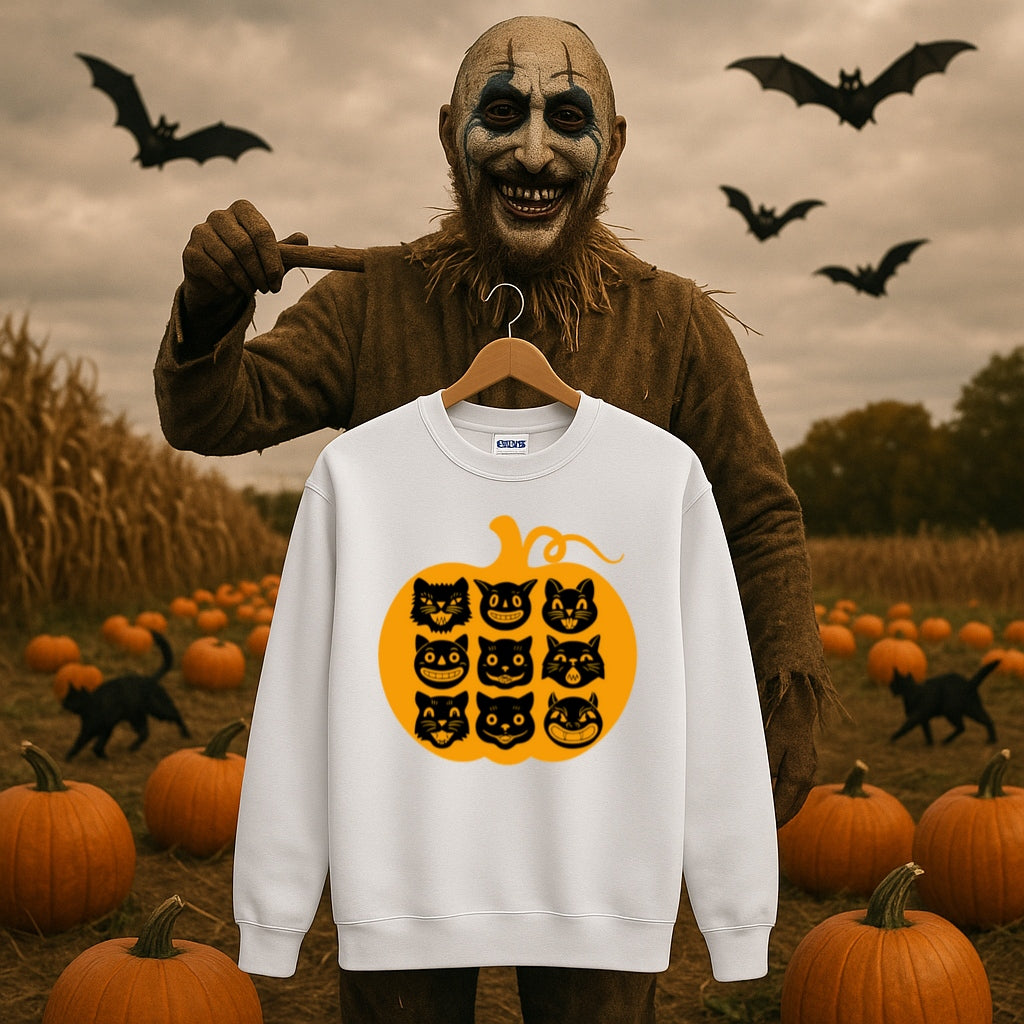 Nine Lives Pumpkin Halloween Sweatshirt - Retro Black Cats - Gildan Crewneck, Vintage Halloween Art - Cozy Fall Sweater, Black Cat Lover