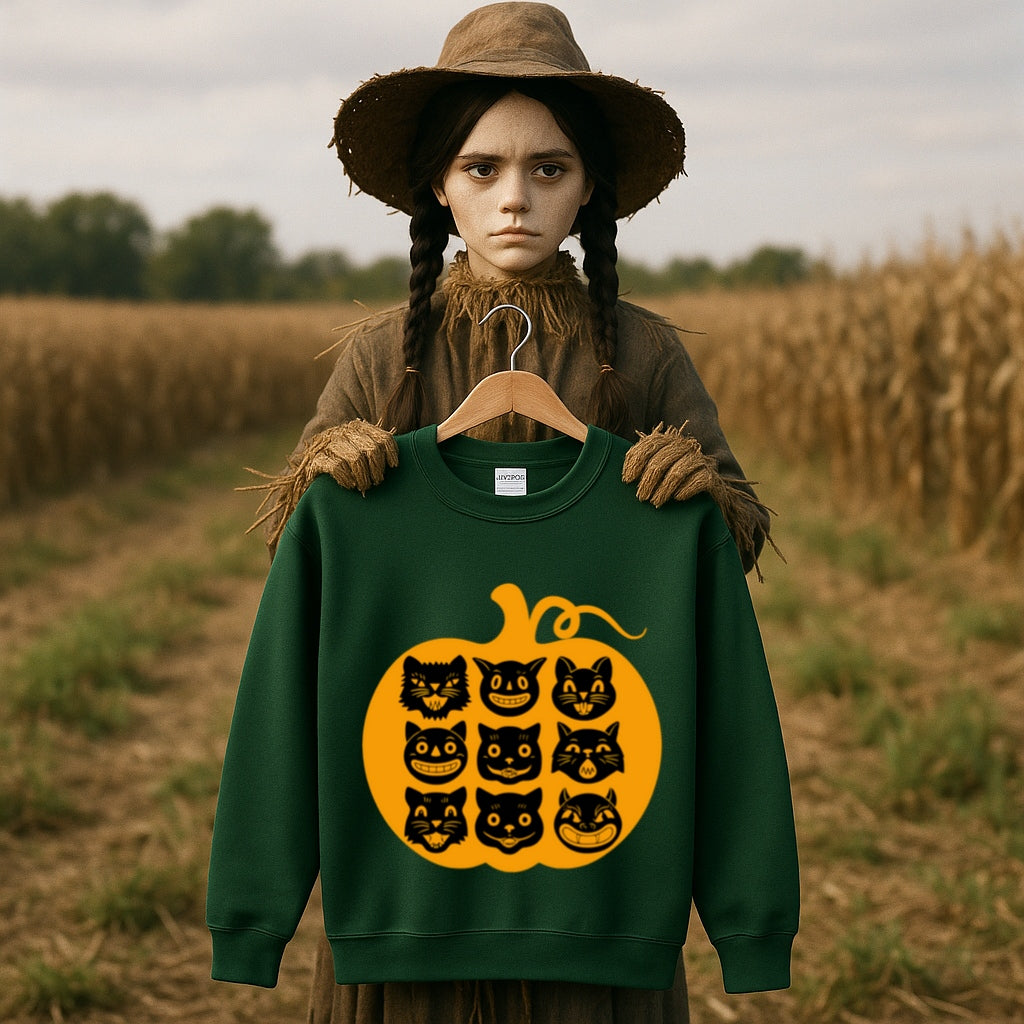 Nine Lives Pumpkin Halloween Sweatshirt - Retro Black Cats - Gildan Crewneck, Vintage Halloween Art - Cozy Fall Sweater, Black Cat Lover