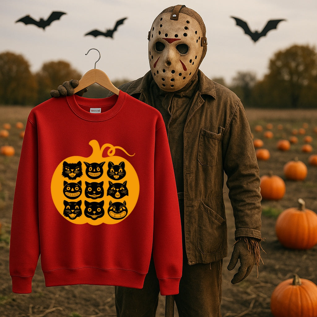 Nine Lives Pumpkin Halloween Sweatshirt - Retro Black Cats - Gildan Crewneck, Vintage Halloween Art - Cozy Fall Sweater, Black Cat Lover