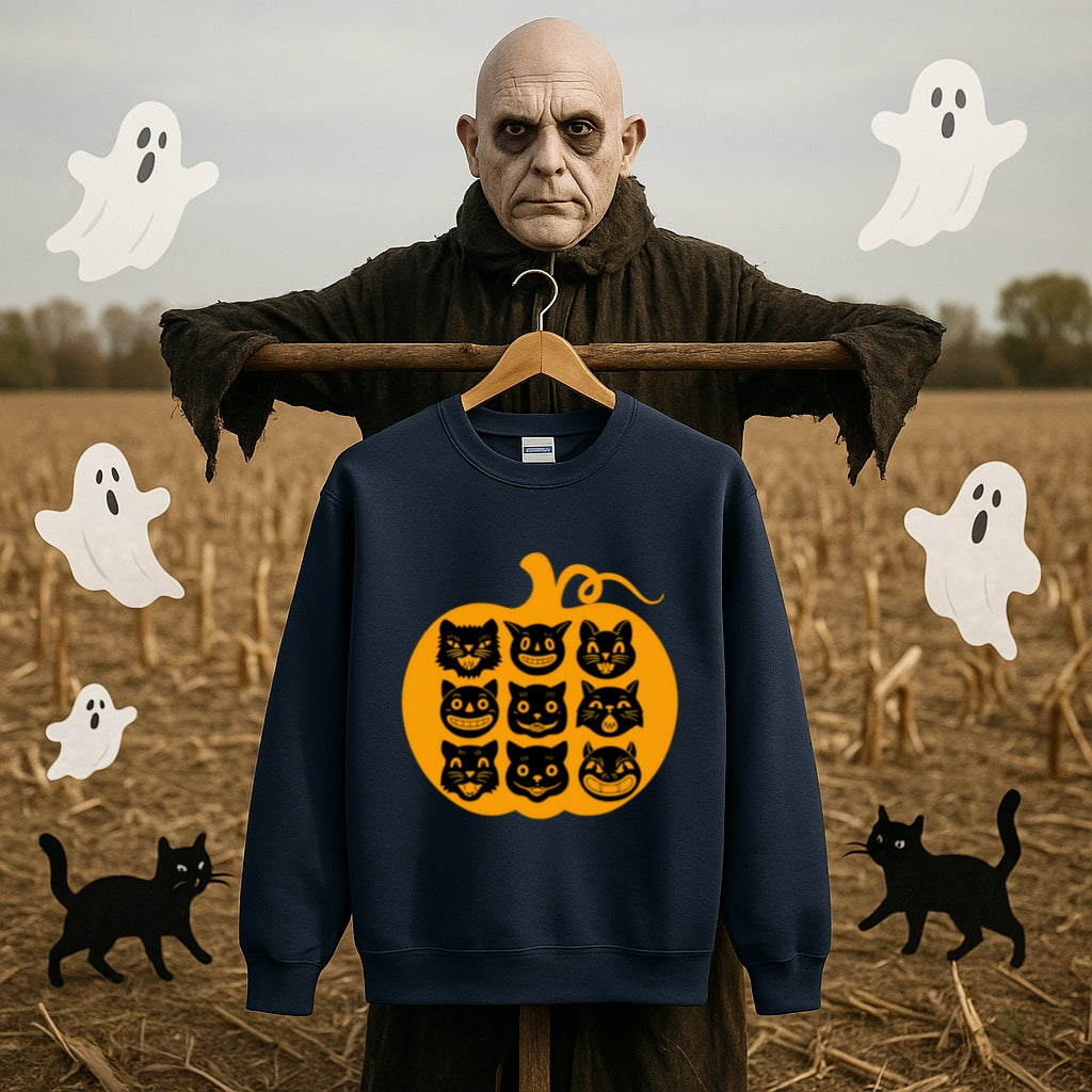 Nine Lives Pumpkin Halloween Sweatshirt - Retro Black Cats - Gildan Crewneck, Vintage Halloween Art - Cozy Fall Sweater, Black Cat Lover