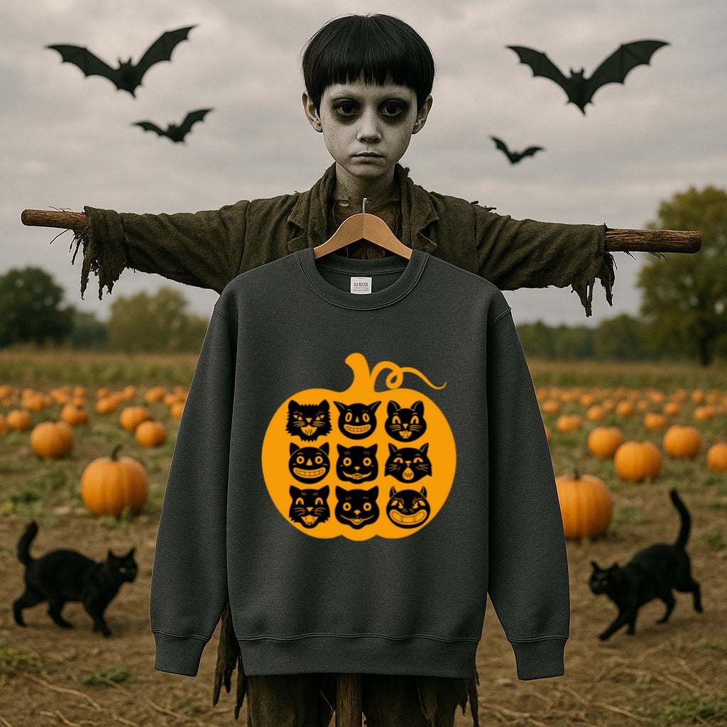 Nine Lives Pumpkin Halloween Sweatshirt - Retro Black Cats - Gildan Crewneck, Vintage Halloween Art - Cozy Fall Sweater, Black Cat Lover