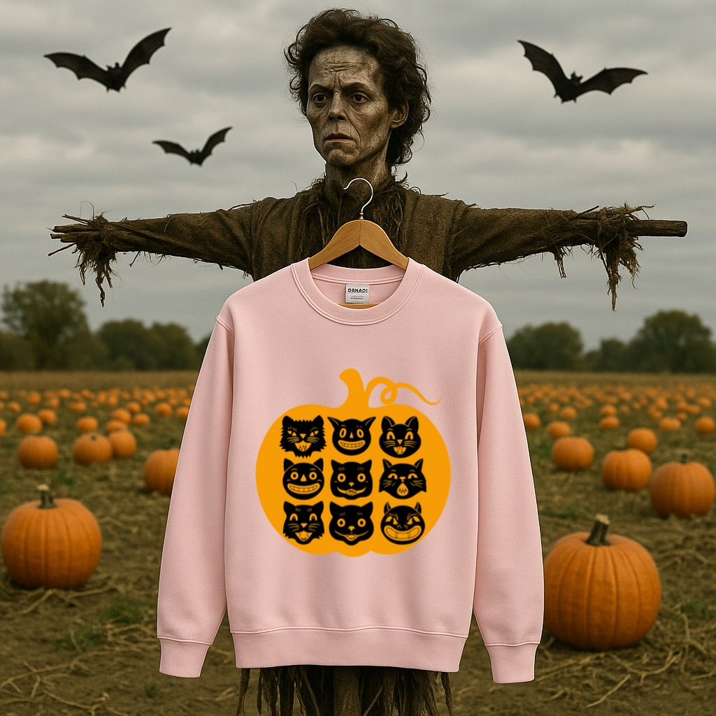 Nine Lives Pumpkin Halloween Sweatshirt - Retro Black Cats - Gildan Crewneck, Vintage Halloween Art - Cozy Fall Sweater, Black Cat Lover