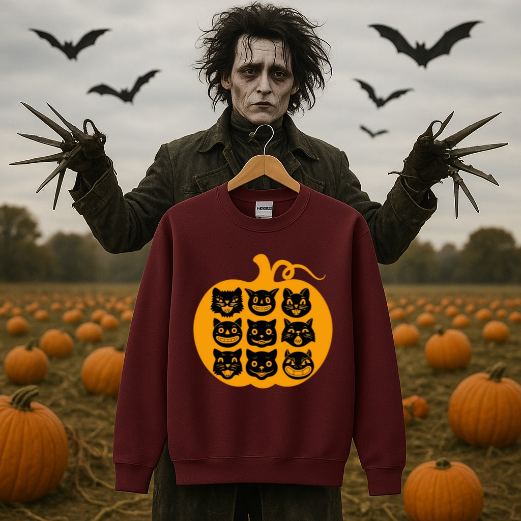 Nine Lives Pumpkin Halloween Sweatshirt - Retro Black Cats - Gildan Crewneck, Vintage Halloween Art - Cozy Fall Sweater, Black Cat Lover
