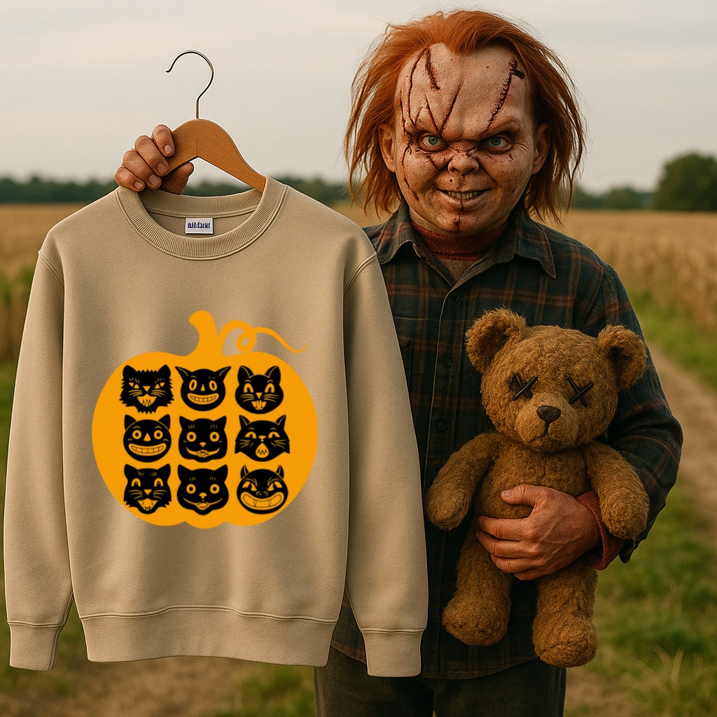 Nine Lives Pumpkin Halloween Sweatshirt - Retro Black Cats - Gildan Crewneck, Vintage Halloween Art - Cozy Fall Sweater, Black Cat Lover