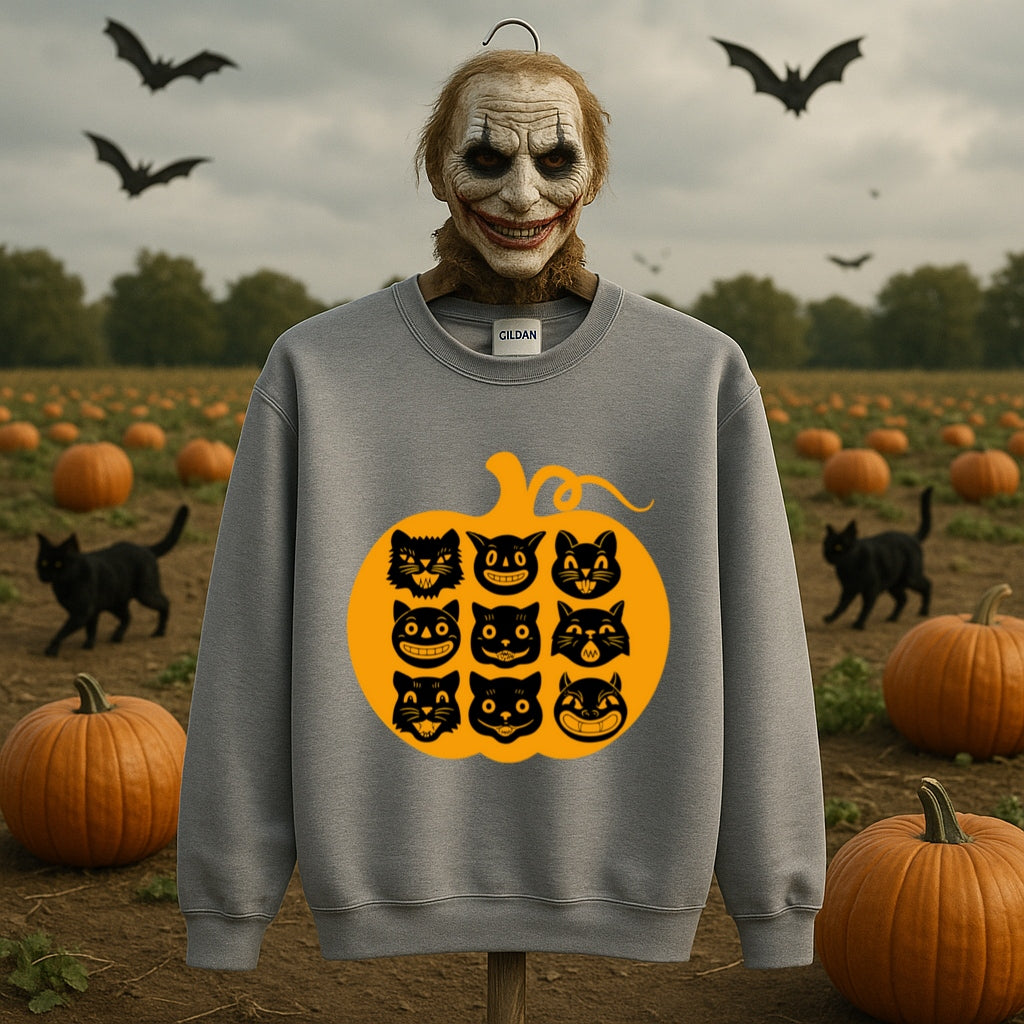 Nine Lives Pumpkin Halloween Sweatshirt - Retro Black Cats - Gildan Crewneck, Vintage Halloween Art - Cozy Fall Sweater, Black Cat Lover