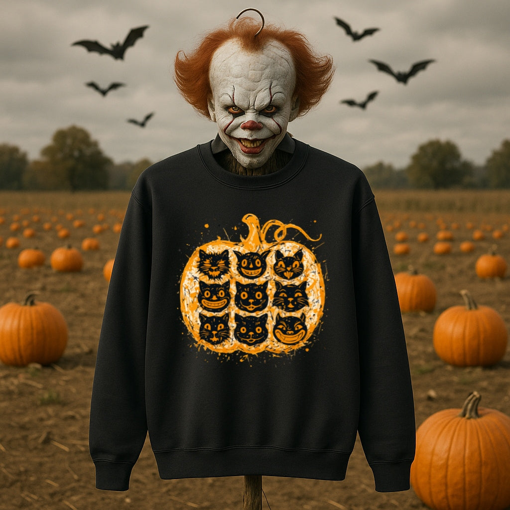 Nine Lives Pumpkin Sweatshirt - Pollock Style Halloween Cats - Abstract Drip Art Jack O Lantern, Unisex Sweatshirt for Artists and Cat