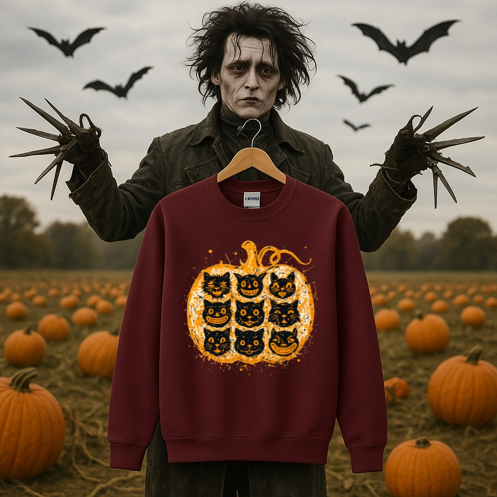 Nine Lives Pumpkin Sweatshirt - Pollock Style Halloween Cats - Abstract Drip Art Jack O Lantern, Unisex Sweatshirt for Artists and Cat