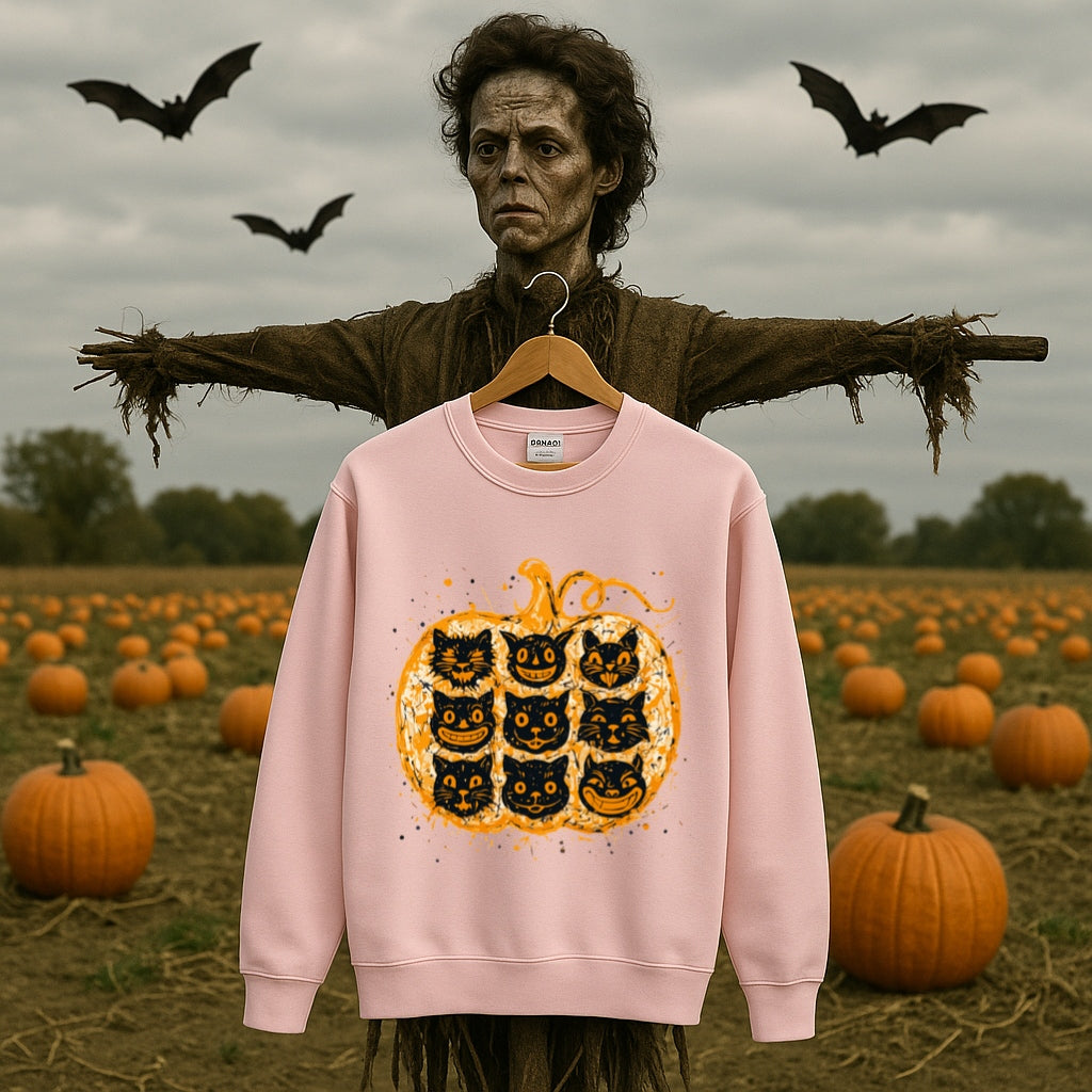 Nine Lives Pumpkin Sweatshirt - Pollock Style Halloween Cats - Abstract Drip Art Jack O Lantern, Unisex Sweatshirt for Artists and Cat