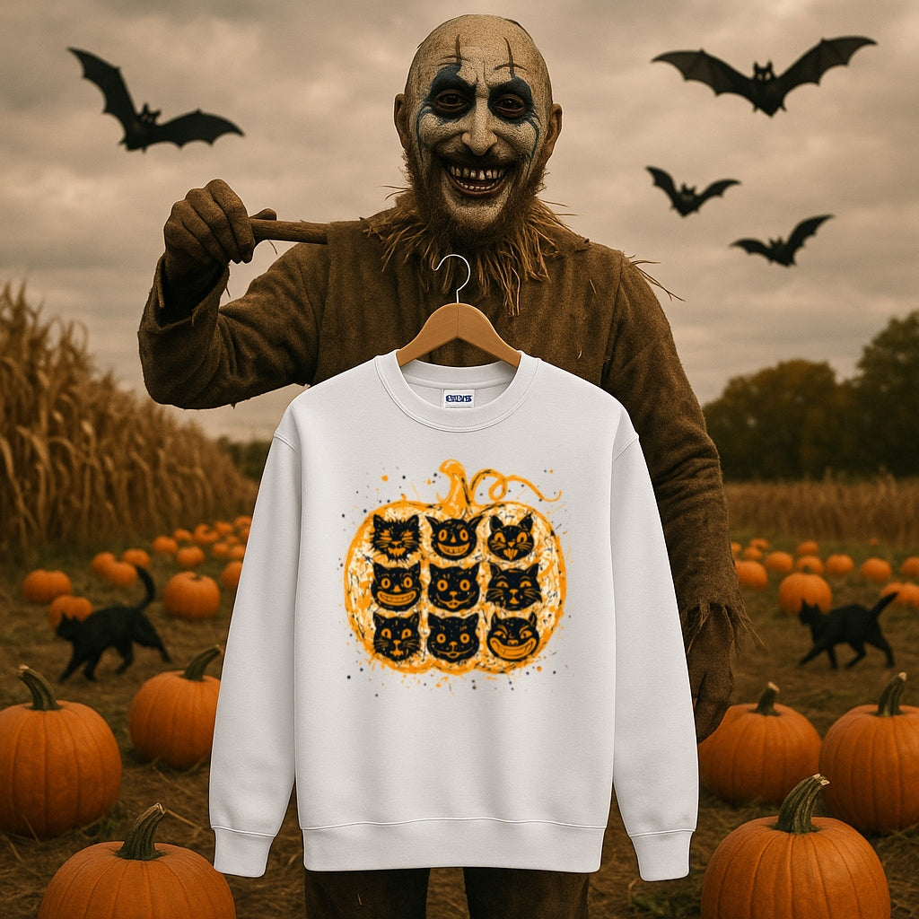 Nine Lives Pumpkin Sweatshirt - Pollock Style Halloween Cats - Abstract Drip Art Jack O Lantern, Unisex Sweatshirt for Artists and Cat