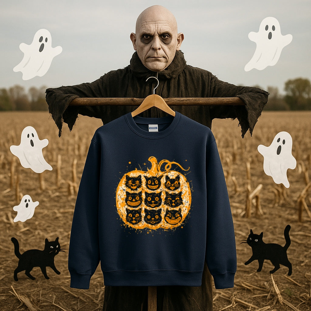 Nine Lives Pumpkin Sweatshirt - Pollock Style Halloween Cats - Abstract Drip Art Jack O Lantern, Unisex Sweatshirt for Artists and Cat