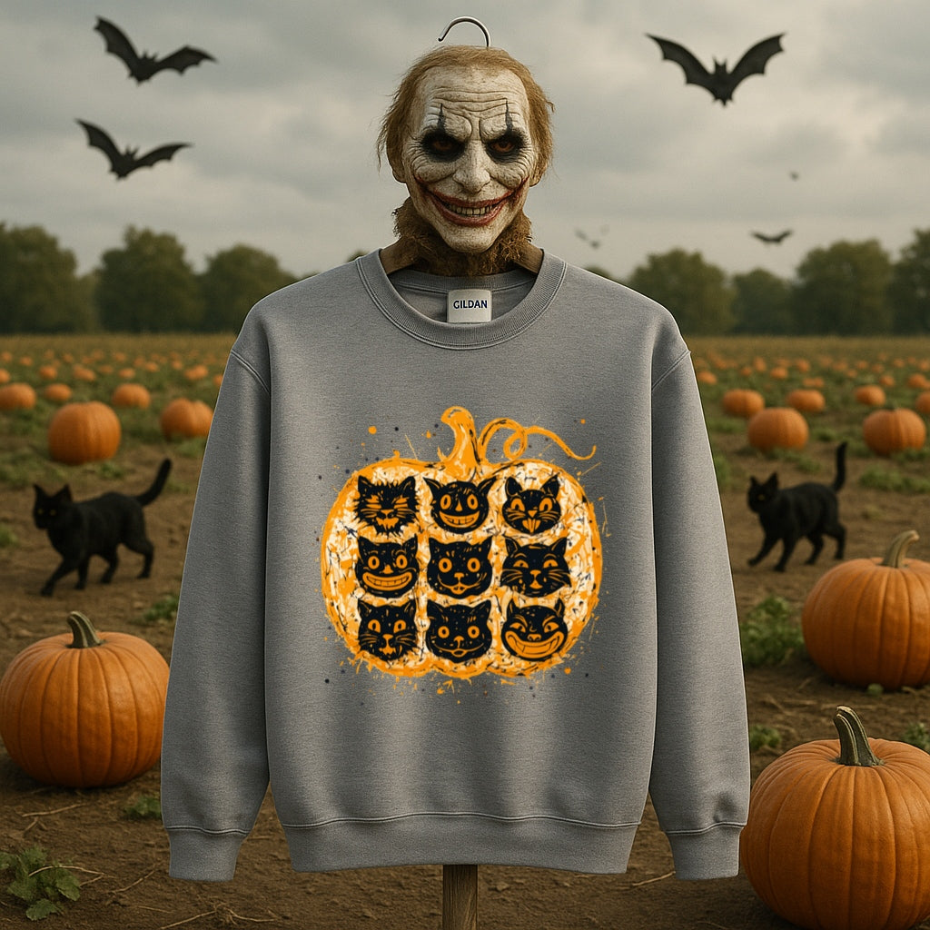 Nine Lives Pumpkin Sweatshirt - Pollock Style Halloween Cats - Abstract Drip Art Jack O Lantern, Unisex Sweatshirt for Artists and Cat