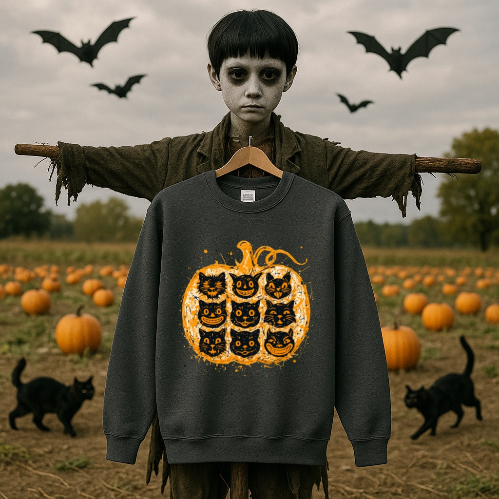 Nine Lives Pumpkin Sweatshirt - Pollock Style Halloween Cats - Abstract Drip Art Jack O Lantern, Unisex Sweatshirt for Artists and Cat