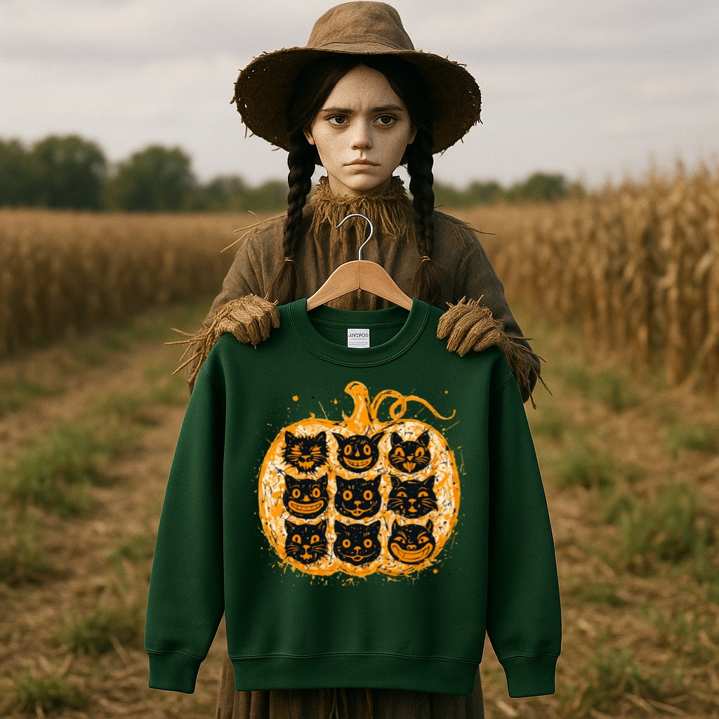 Nine Lives Pumpkin Sweatshirt - Pollock Style Halloween Cats - Abstract Drip Art Jack O Lantern, Unisex Sweatshirt for Artists and Cat