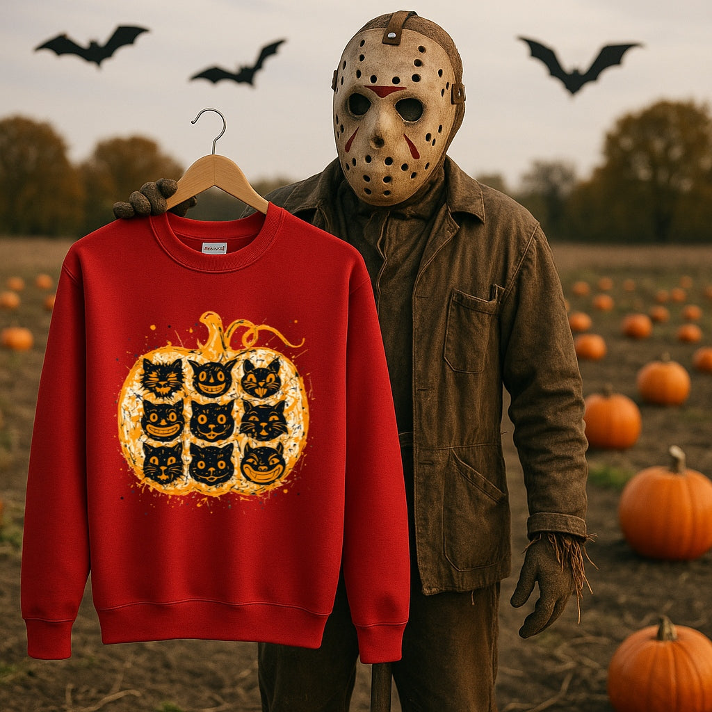 Nine Lives Pumpkin Sweatshirt - Pollock Style Halloween Cats - Abstract Drip Art Jack O Lantern, Unisex Sweatshirt for Artists and Cat