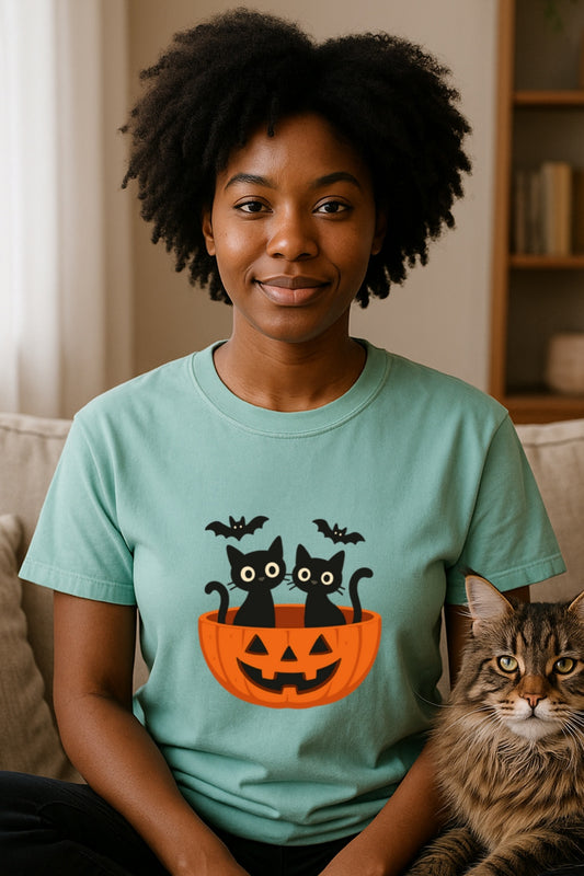 Black Cats in Pumpkin T-Shirt - Cute Halloween Tee - Unisex Fall Shirt, Spooky Cat Lover Gift, Comfort Colors Top