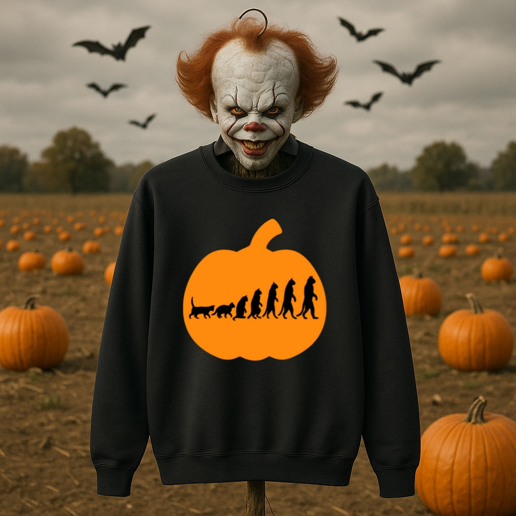 Evolution Pumpkin Sweatshirt - Funny Halloween Design - Cat to Human Evolution Inside Jack O Lantern - Gildan 18000 Unisex Crewneck