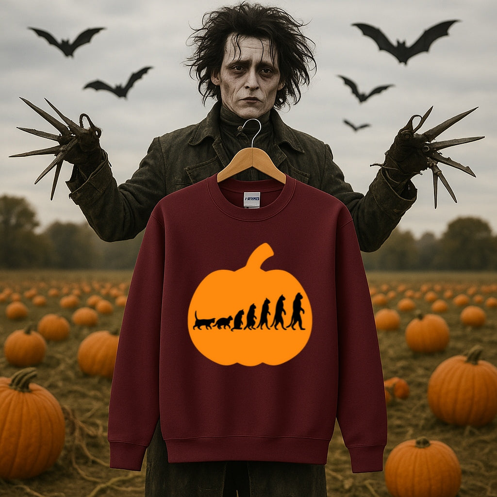 Evolution Pumpkin Sweatshirt - Funny Halloween Design - Cat to Human Evolution Inside Jack O Lantern - Gildan 18000 Unisex Crewneck