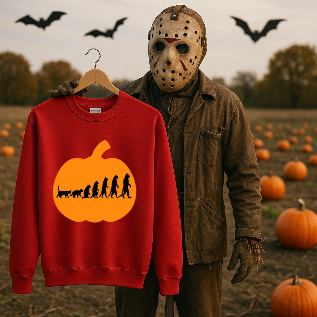 Evolution Pumpkin Sweatshirt - Funny Halloween Design - Cat to Human Evolution Inside Jack O Lantern - Gildan 18000 Unisex Crewneck