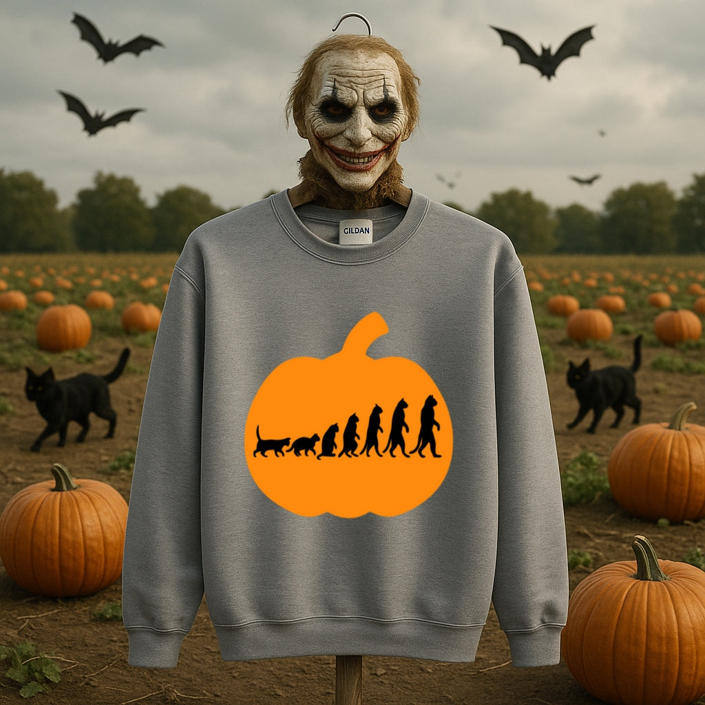 Evolution Pumpkin Sweatshirt - Funny Halloween Design - Cat to Human Evolution Inside Jack O Lantern - Gildan 18000 Unisex Crewneck