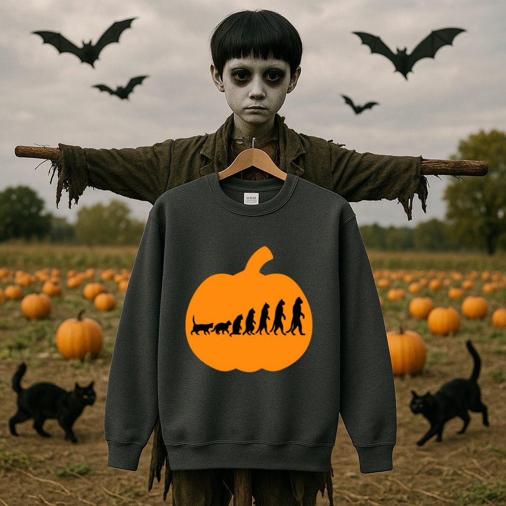 Evolution Pumpkin Sweatshirt - Funny Halloween Design - Cat to Human Evolution Inside Jack O Lantern - Gildan 18000 Unisex Crewneck