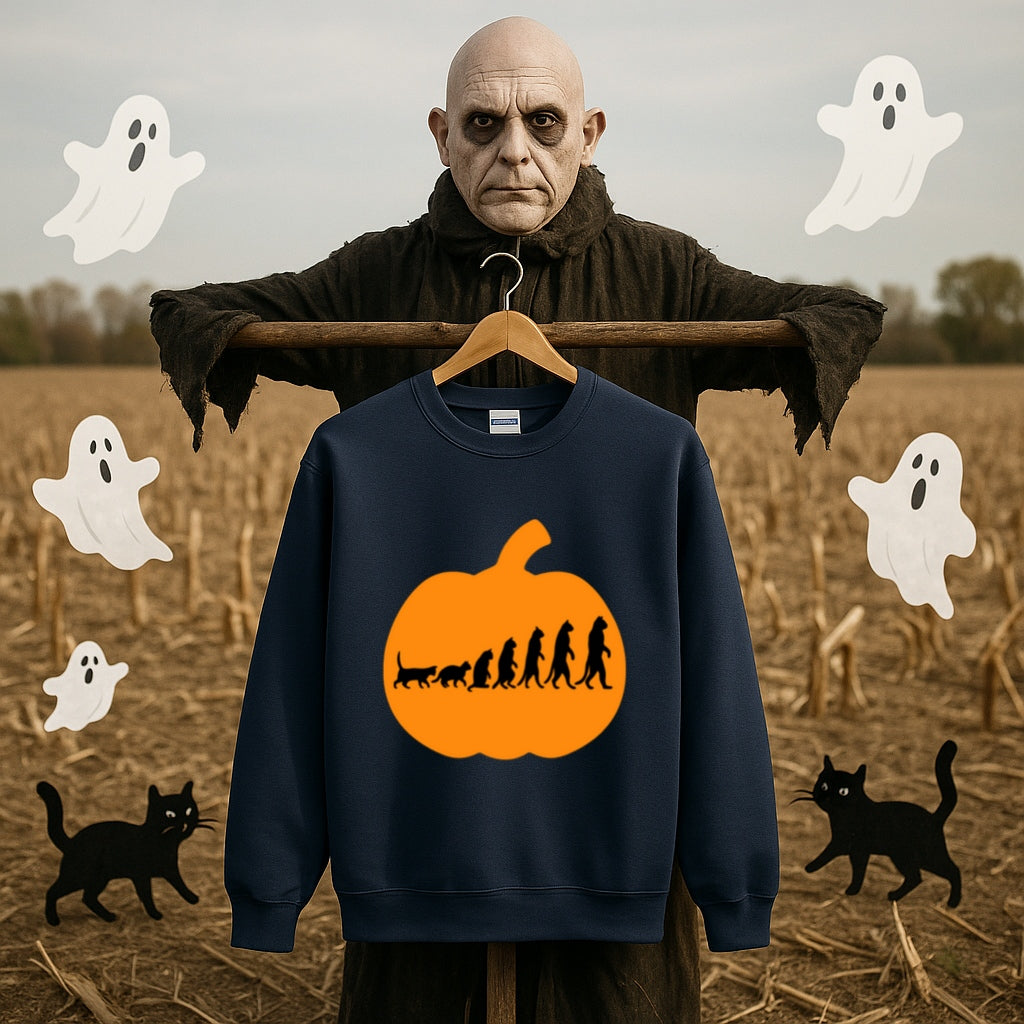 Evolution Pumpkin Sweatshirt - Funny Halloween Design - Cat to Human Evolution Inside Jack O Lantern - Gildan 18000 Unisex Crewneck