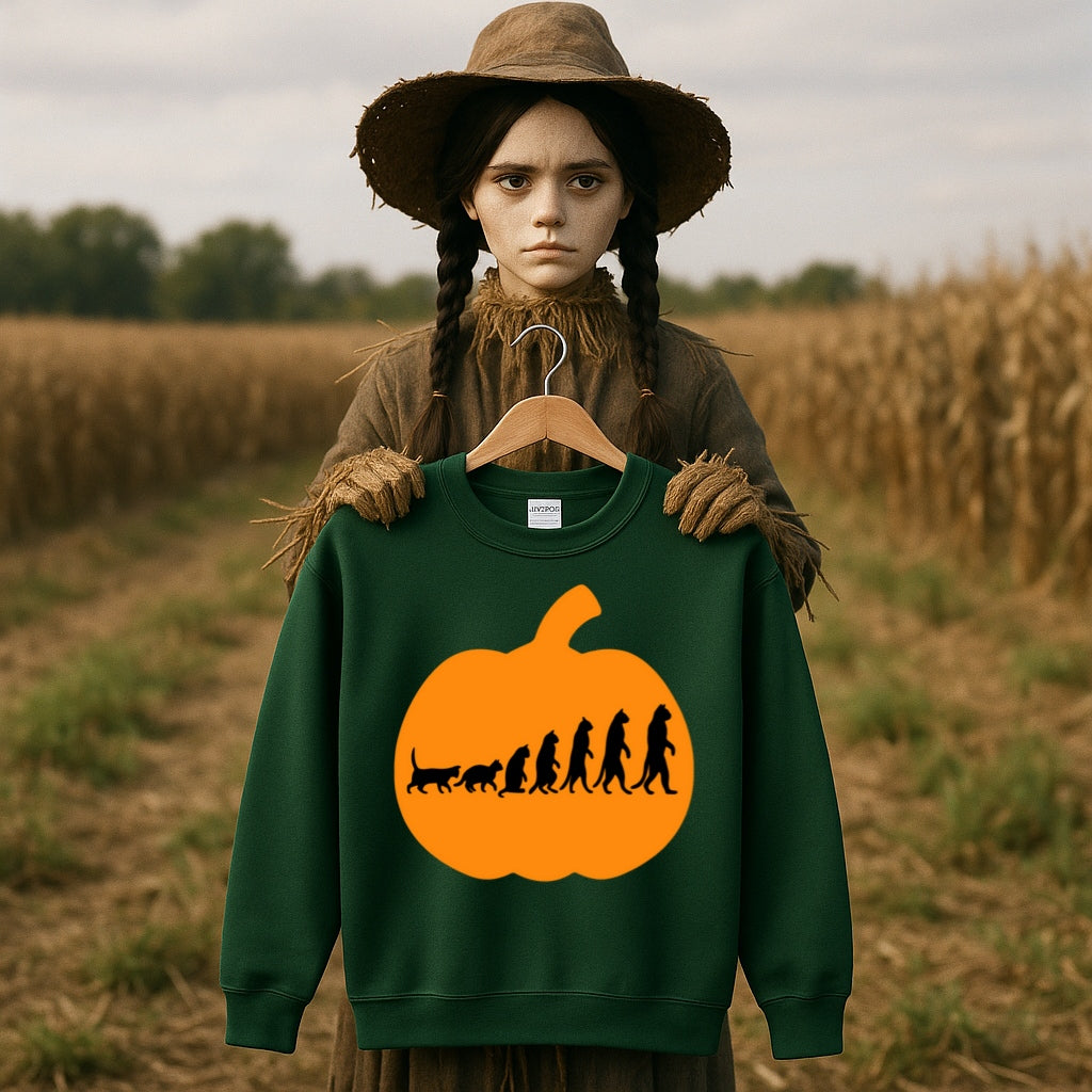 Evolution Pumpkin Sweatshirt - Funny Halloween Design - Cat to Human Evolution Inside Jack O Lantern - Gildan 18000 Unisex Crewneck